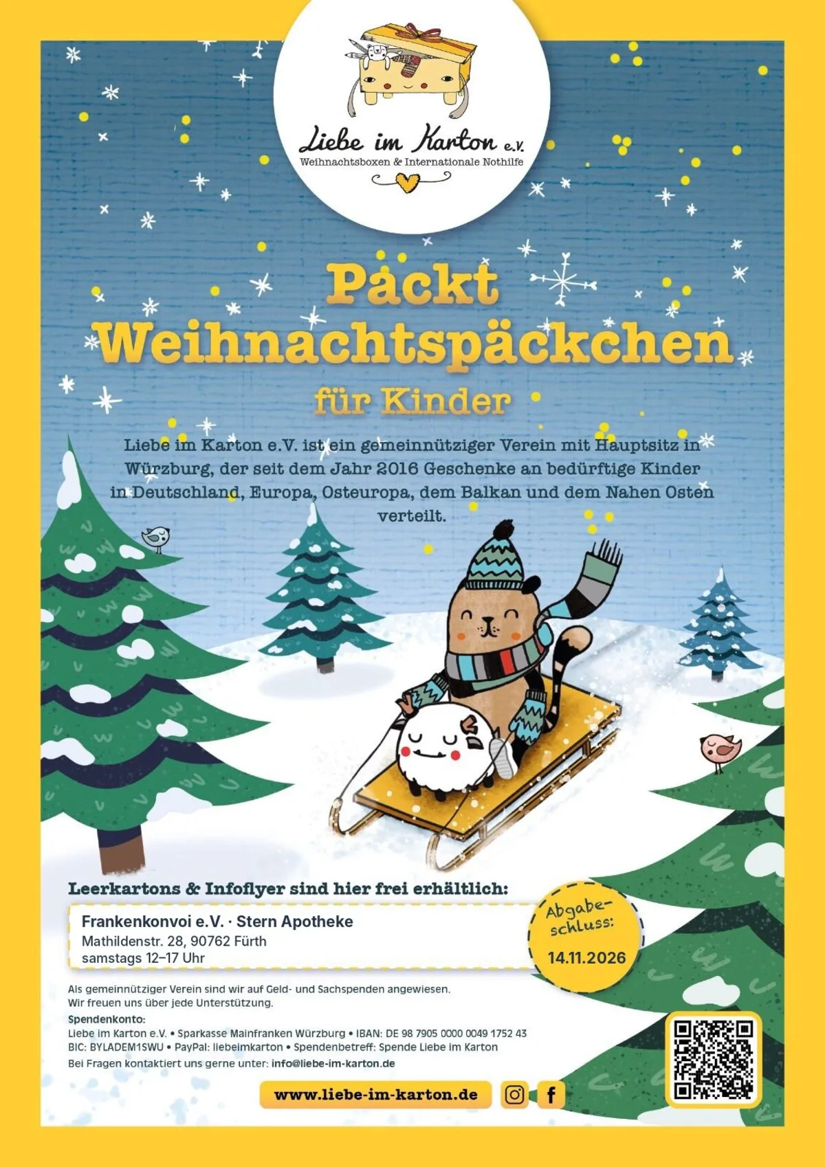 Plakat Liebe im Karton: Packt Weihnachtspäckchen für Kinder. Leerkartons bei Frankenkonvoi e.V. in der Stern Apotheke Fürth, samstags 12–17 Uhr, Abgabeschluss 14.11.2026