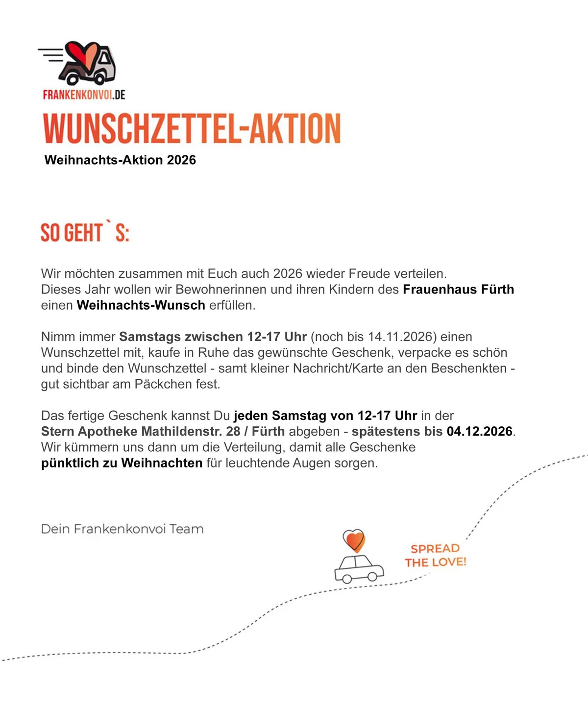 Flyer Wunschzettel-Aktion 2026: Wunschzettel samstags 12–17 Uhr bis 14.11.2026 abholen, Geschenk bis 04.12.2026 in der Stern Apotheke Fürth abgeben